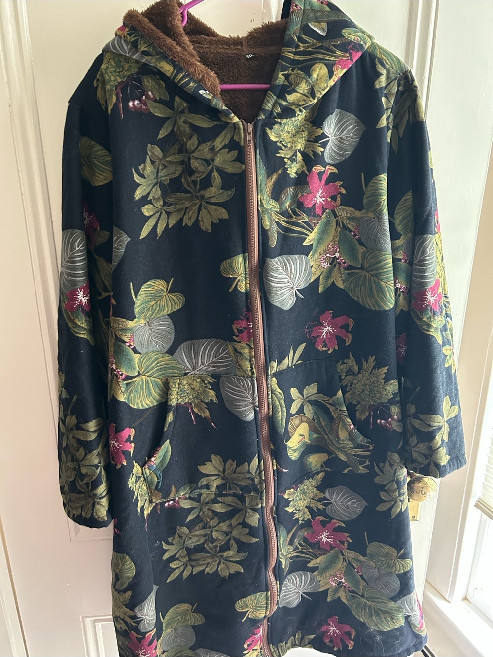 Floral Hooded Zip Jacket in Black with Green & Pink Botanical Print